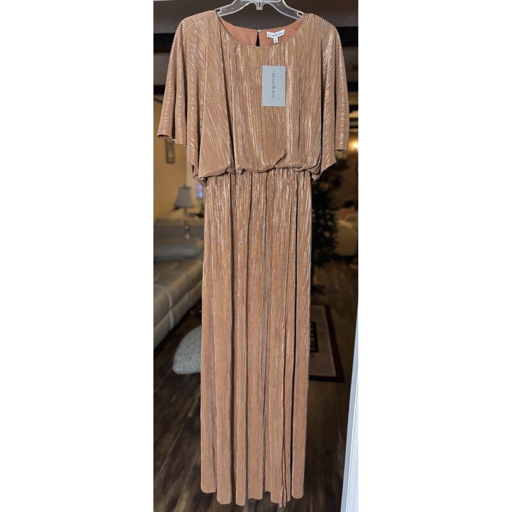 See and Be Seen Metallic Pleated Maxi Dress Small Bronze Gold Batwing Formal NWT